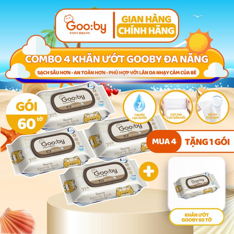[Mua 4 tặng 1] Khăn ướt Gooby Premium 60 miếng đa năng, mềm mịn, an toàn với làn da của trẻ nhỏ em bé và gia đình