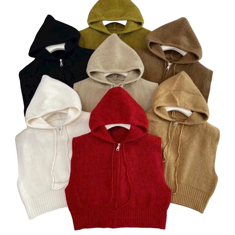 Áo len ghi lê mũ Kéo Khoá (Form ngắn-Lưu Ý) Kem Nữ Women Top.