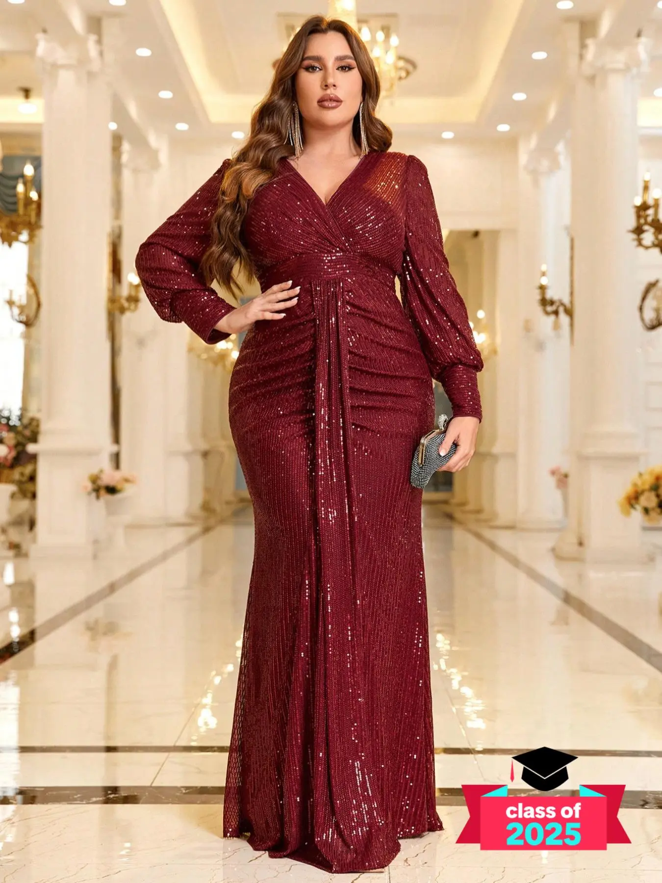 Plus Size Contrast Sequin Ruched Wrap V Neck Bodycon Dress, Elegant Bishop Sleeve Zipper Back Evening Party Gown, Women's Clothes for All Seasons