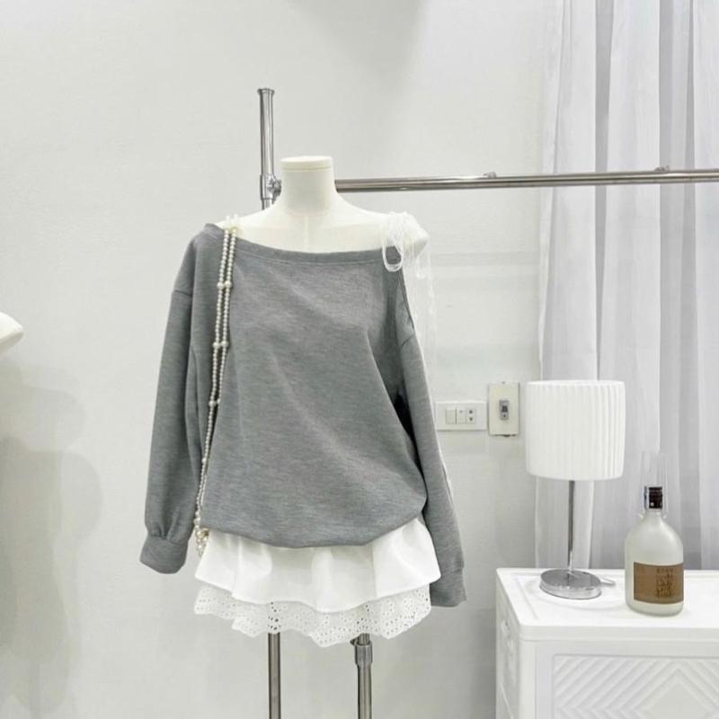 Váy Lệch Vai Xám Phối Chân Ren Kèm Quần Đùi Rời | Lithe.store  Women  Dress 5