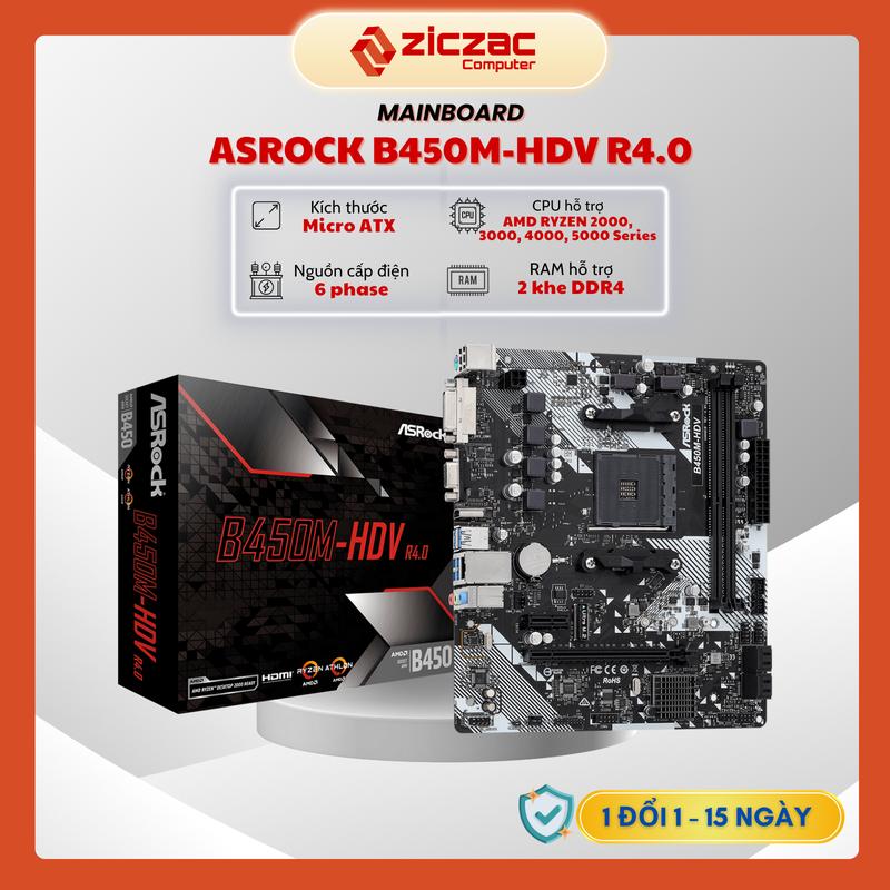 Mainboard Asrock B450M-HDV R4.0 | A520M/ac Wifi AMD AM4 2 khe ram DDR4 hàng chính hãng - bảo hành 36 tháng