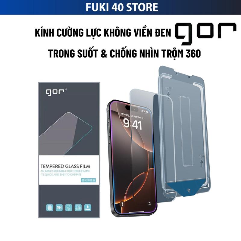 Kính cường lực GOR không viền đen cho Iphone 13 Promax/ 14/ 15 Pro Max/ 16 Pro Max 17 promax 18 promax plus prm Trong Suốt & chống nhìn trộm 360 độ kèm khung tự dán tự rút bụi magicbox