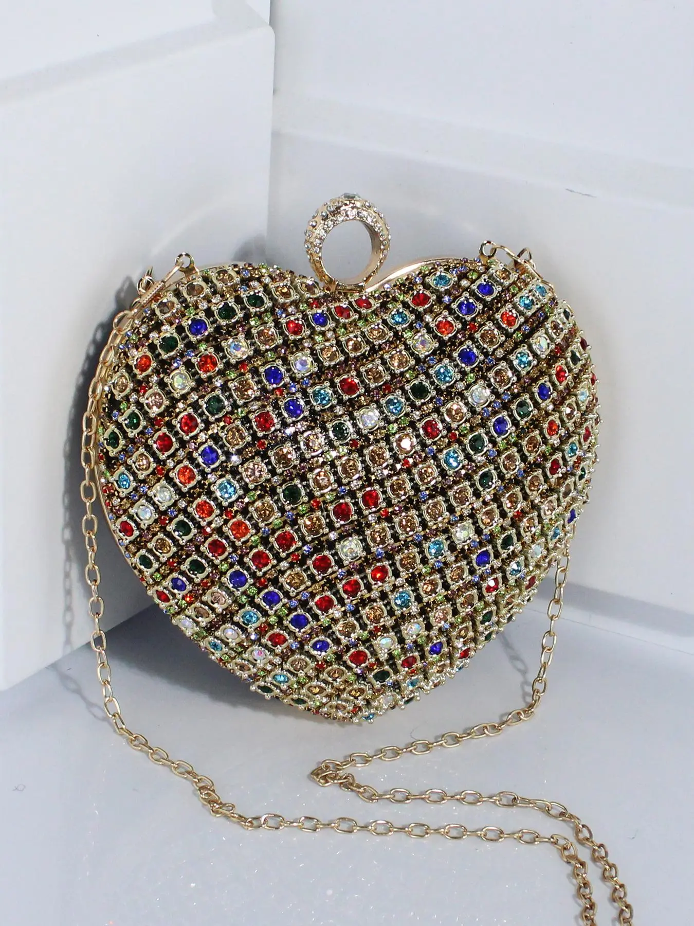 Women's Elegant Rhinestone Decorated Heart Shaped Evening Bag, Exquisite Chain Strap Crossbody Bag, Trendy Versatile Shoulder Bag for Party Decoration