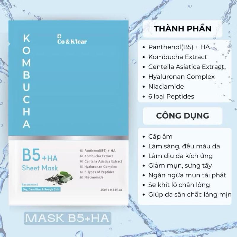  Y149: Combo 10 Miếng Mặt Nạ Kombucha Co&K’Lear Mặt Nạ Hỗ Trợ Cấp Ẩm Phục Hồi Vitamin B5 + HA 25g 