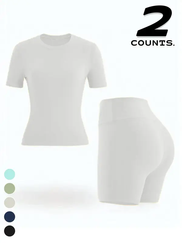 Two-piece Set Women's Solid Color Tee & High Waist Skinny Shorts Tracksuit Set, Sporty Casual Breathable Set for Yoga Gym Workout Running, Ladies Summer Sportswear, Activewear, Workout Sets Women 4