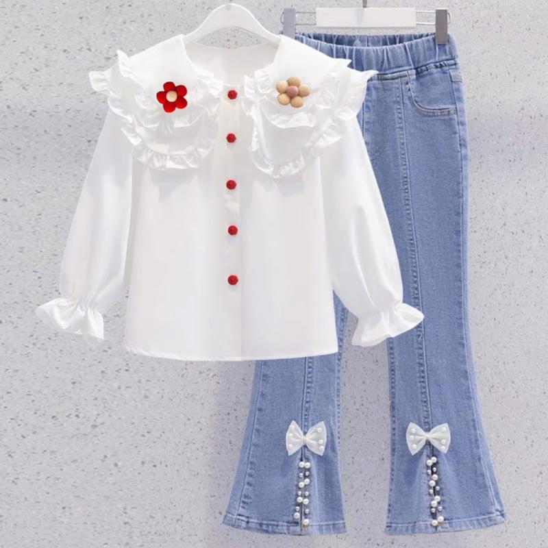  SET ÁO SƠ MI HOA CỔ BÈO + QUẦN JEAN LOE ĐÍNH NƠ CHO BÉ GÁI 15-35KG - HÀNG VIỆT NAM - ĐỒ BỘ CHO BÉ GÁI 