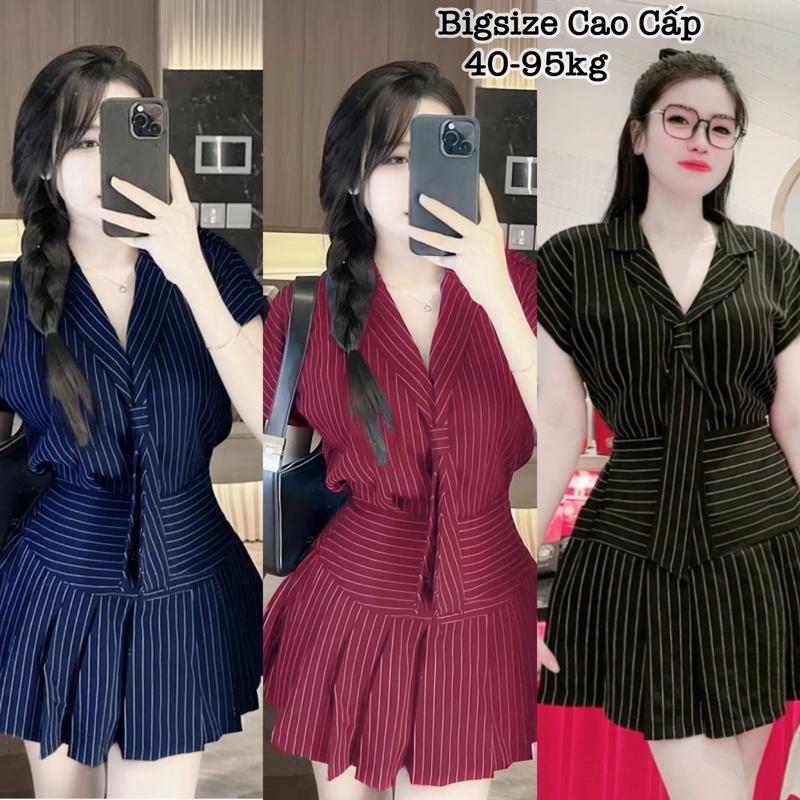  Thời Trang Bigsize - Set Bộ Váy Thiết Kế Cao Cấp Mix Áo Sọc Kẻ Cà Vạt Cổ Bẻ Hot Hit Nữ Cao Cấp Xinh Đẹp Sang Trọng Dễ Thương Giá Rẻ 40-95kg Nhung Kem Voi Women - 2260 