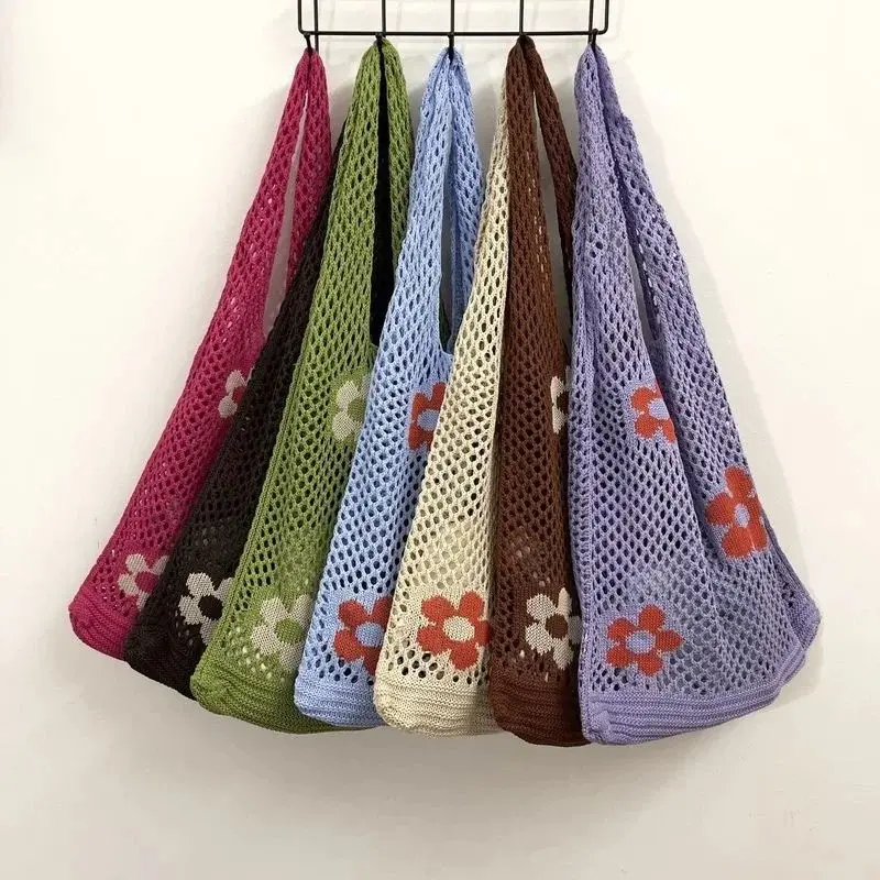 Korean Version Minimalist Retro Hollowed Out Knitted Flower Handbag with Large Capacity Shopping Bag Shoulder Bag Tote Bag