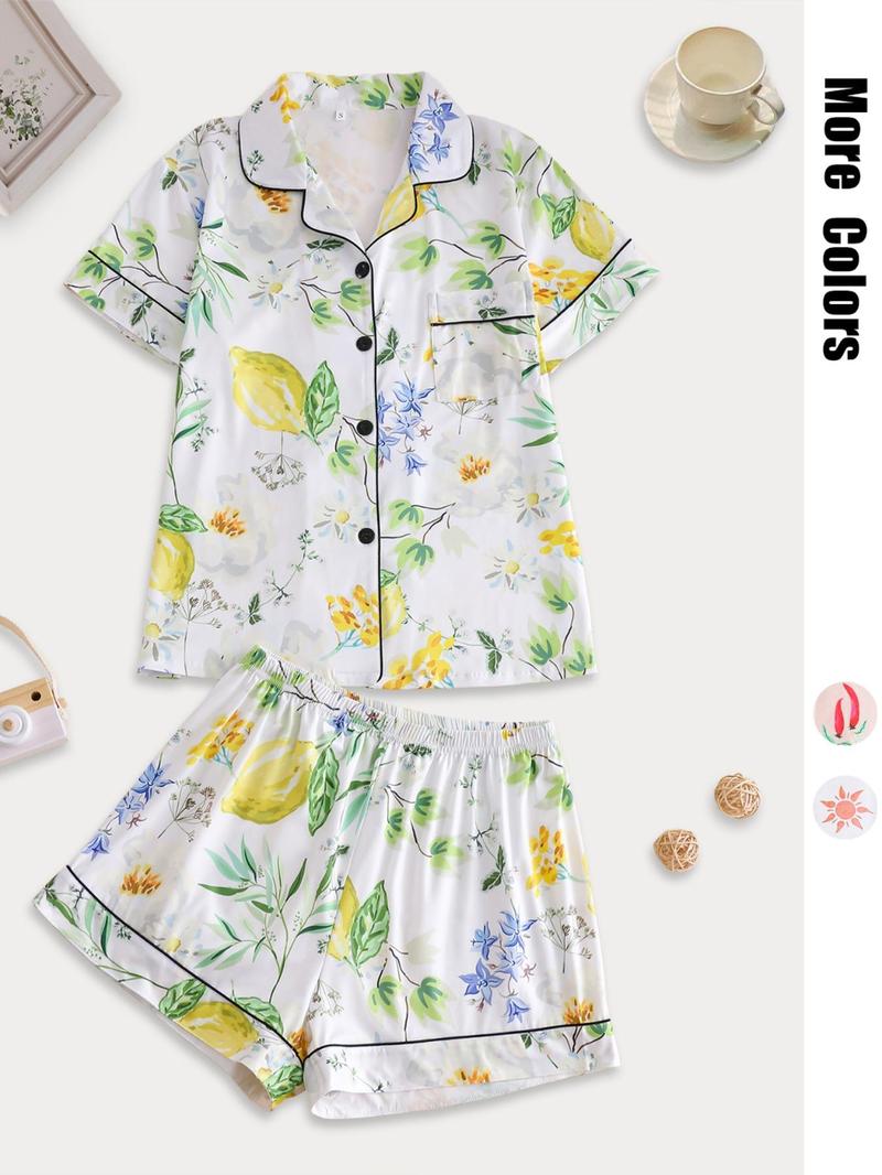 Product Introduction of Two-piece Set Women's Fruit Print Lapel Neck Button Front Pajama Set, Casual Comfy Pastel Short Sleeve Pocket Top & Elastic Waist Shorts Pj Set, Ladies Sleepwear for All Seasons 1