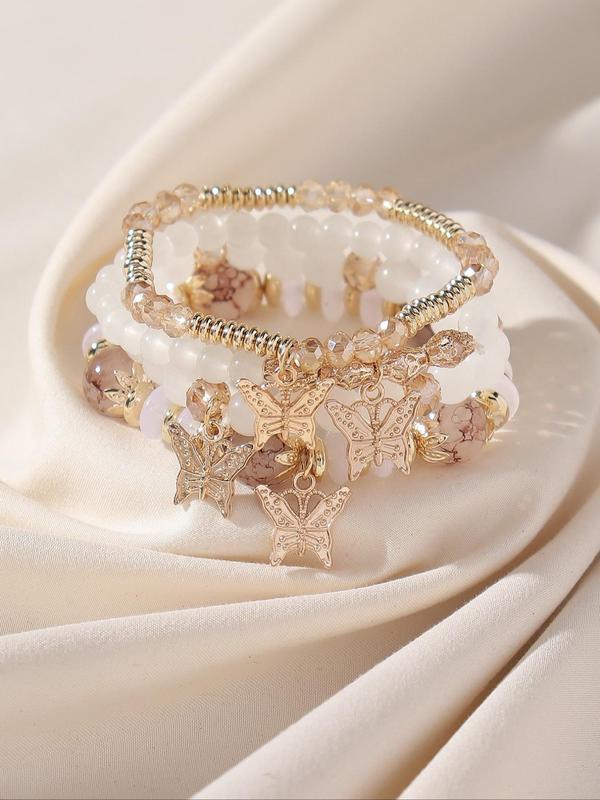 Fashionable Temperament Butterfly Charm Decor Beaded Bracelets, 4pcs/set Boho Style All-match Beaded Bracelet, Fashion Jewelry for Women & Girls 0