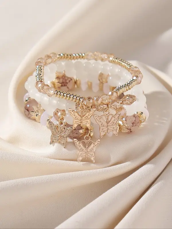 Fashionable Temperament Butterfly Charm Decor Beaded Bracelets, 4pcs/set Boho Style All-match Beaded Bracelet, Fashion Jewelry for Women & Girls 0