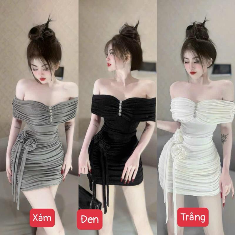 Đầm body trễ vai nhún thân đính hoa eo sang chảnh - thun nhũ H891 Váy boby , váy body nữ tôn dáng , váy xinh , váy đi tiệc , váy đi biển