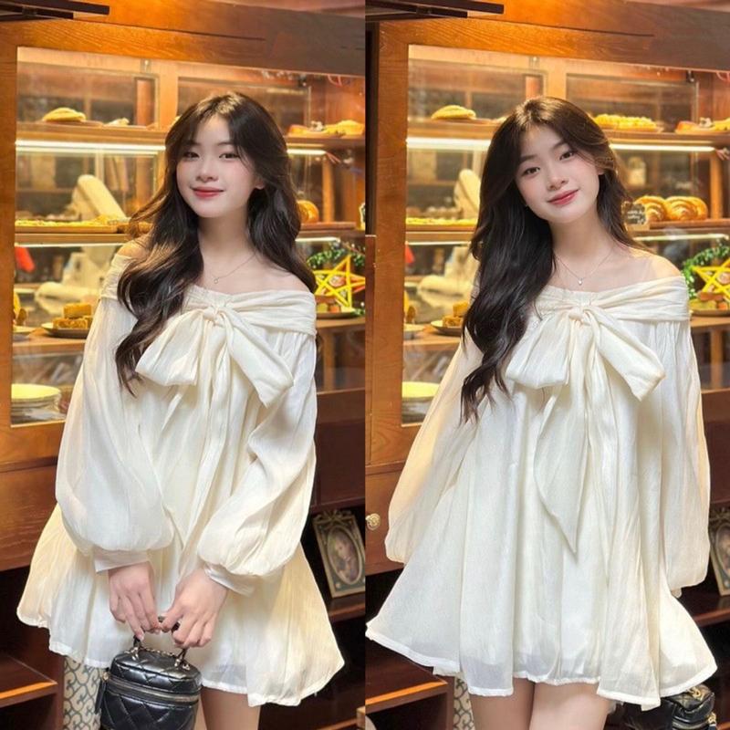Đầm ngắn nữ kiểu áo dấu quần , áo babydoll trễ vai tay bồng xòe thắt nơ 2 lớp cao cấp chất voan tơ cực đẹp- D03 Women Top Voi Sơ Mi