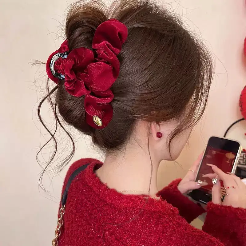 Mũ Cài Tóc, Vải Nhung, Kẹp Tóc Đám Mây Đỏ, Kẹp Tóc Lớn Cao Cấp Mới Cho Nữ, Kẹp Sau Đầu, Hoàn Hảo Cho Năm Mới 2025, Phụ Kiện Cài Tóc 2