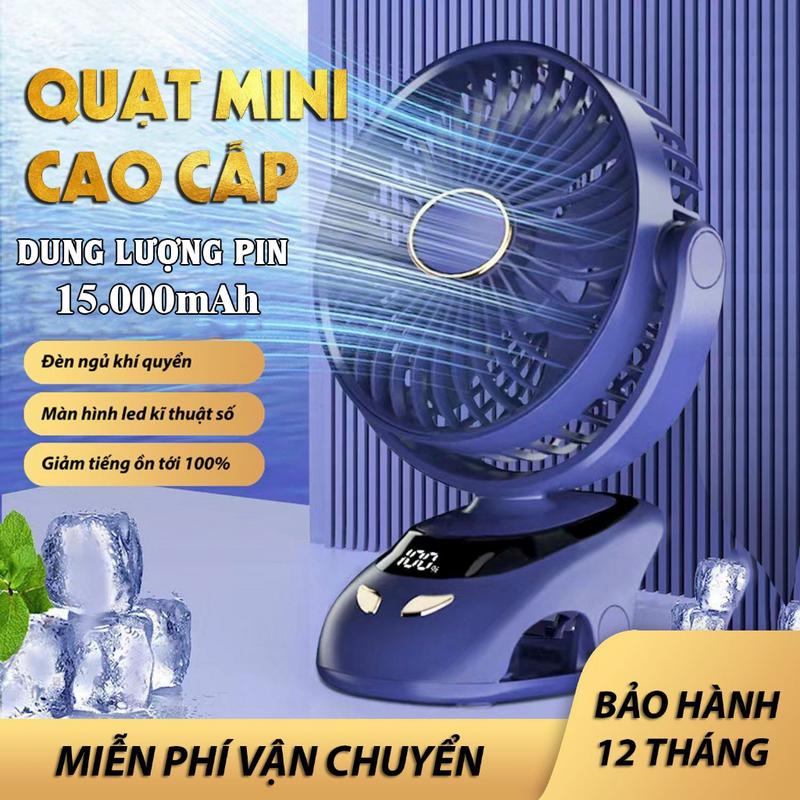 MẪU MỚI 2025 - SẴN HÀNG Quạt Mini Tích Hợp Đèn Ngủ Cao Cấp | Quạt kẹp bàn Tích Điện Pin 15000 mAh - BH 12 tháng