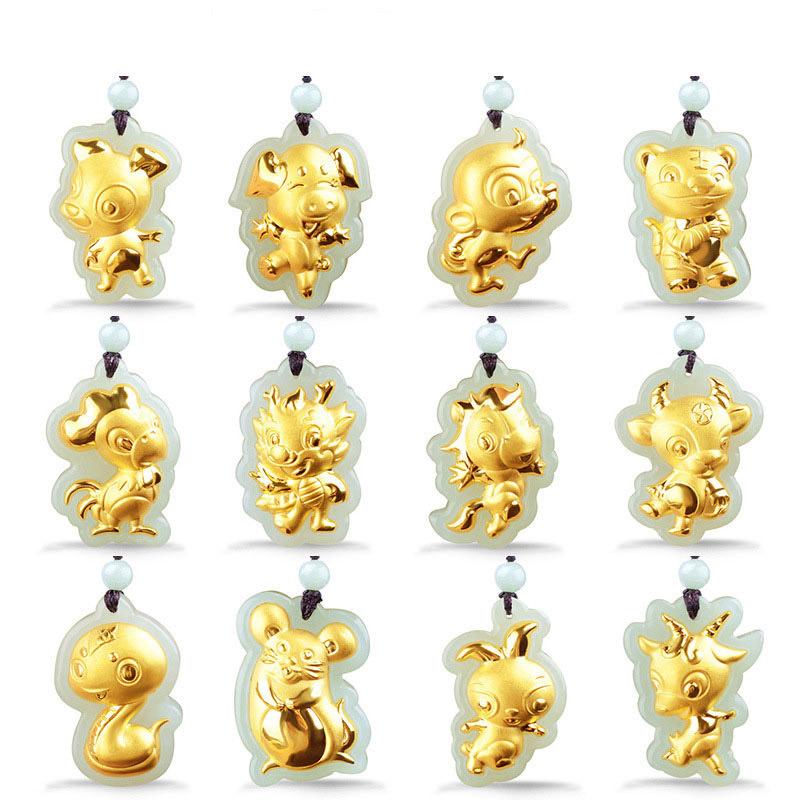 Gold Inlaid with Jade Chinese Zodiac Pendants Hotian Jade Pendant Zodiac Men's and Women's Animal Year Mouse Pendant 4