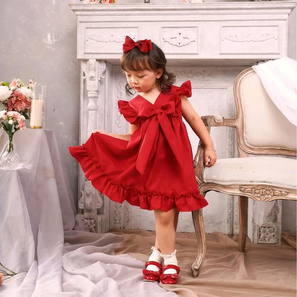 MOONJOY SERAPHINA DRESS -  dress baju anak perempuan bow ruffle pita pesta casual merah biru emerald dusty blue pink red green
