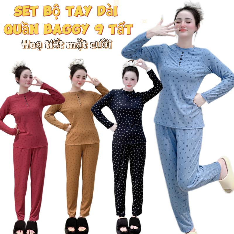 set đồ bộ thun gân tay dài quần baggy mặc nhà họa tiết mặt cười dễ thương, phù hợp mọi hoạt động Women Áo Nhung Lịch Đỏ