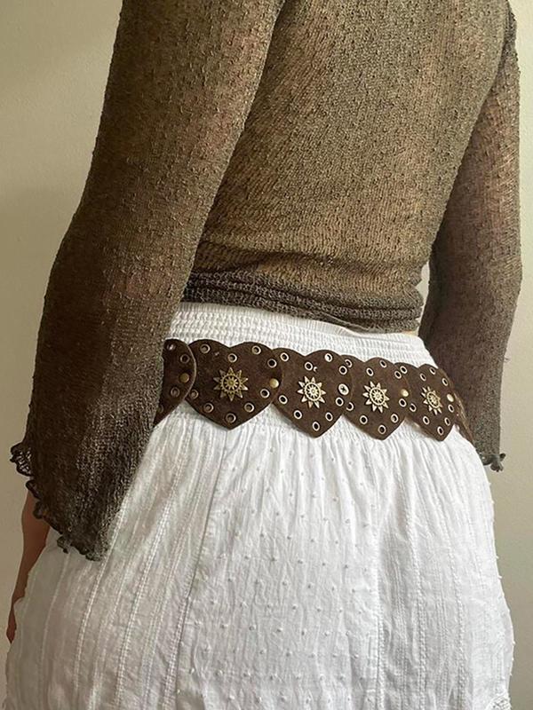 Women's Boho Style Heart Design Pu Buckle Belt, Vintage Ethnic Pattern Decorative Belt for Women, Daily Clothing Decor, Trendy All-match & Exquisite Belt for Birthday Gift 5