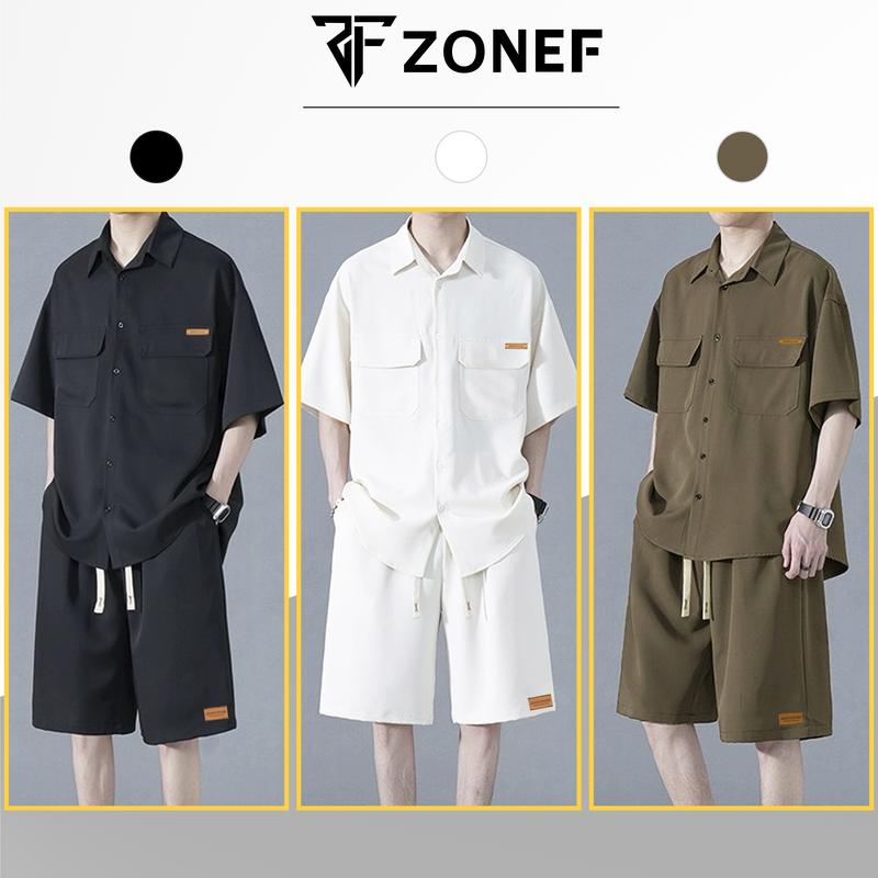 Bộ Quần Áo Nam Kiểu Sơ Mi Tay Ngắn Quần Short Có Túi ZONEF, Sơ Mi Ngắn Tay Vải chéo hàn Thoáng Mát Menswear Shirt (BD) Có Cổ Polo Màu Đen