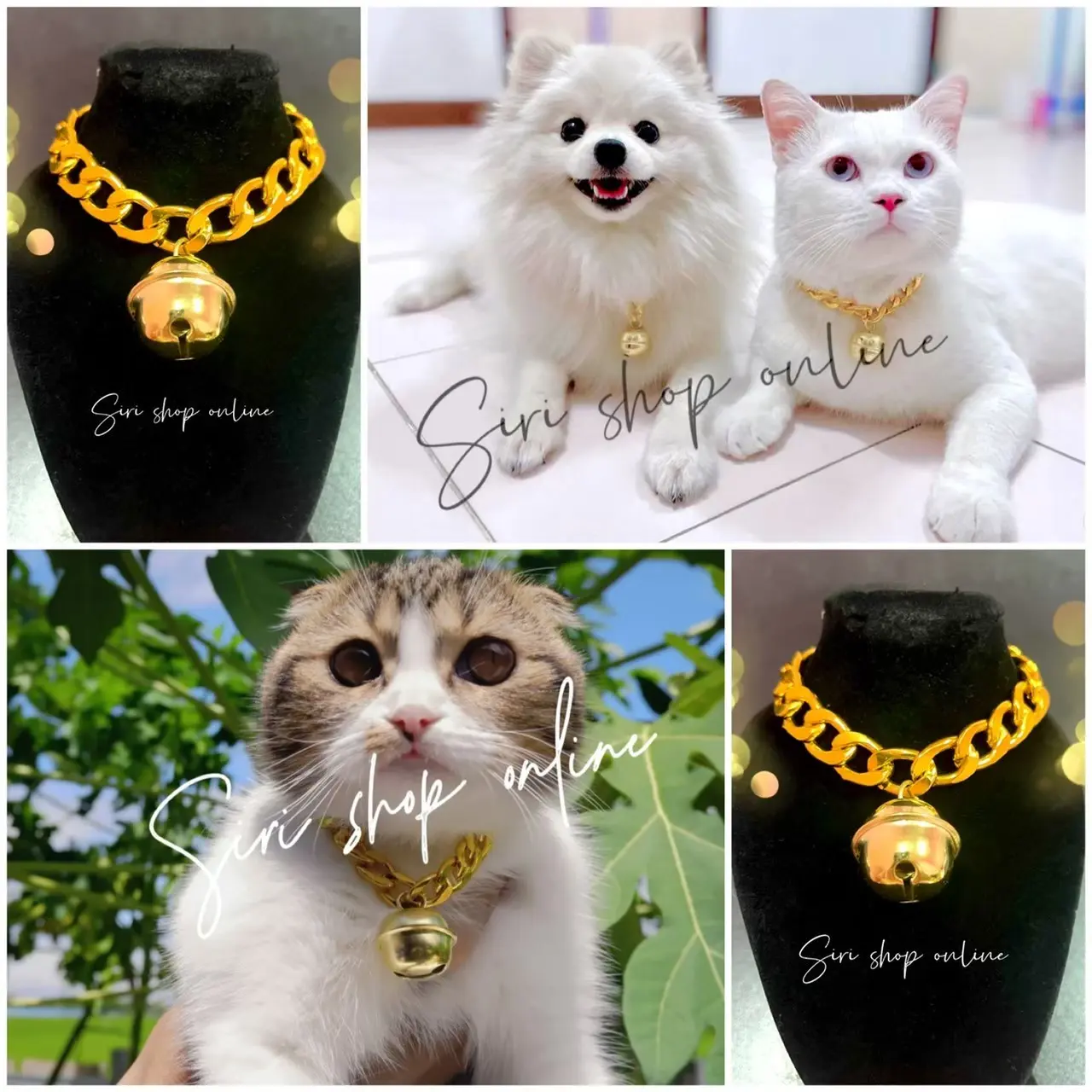 ปลอกคอสร้อยคอ หมาแมว  ทองเข้ม-สีเงิน-ดำสลับทอง 16-70 ซม. พร้อมโซ่ปรับขนาด