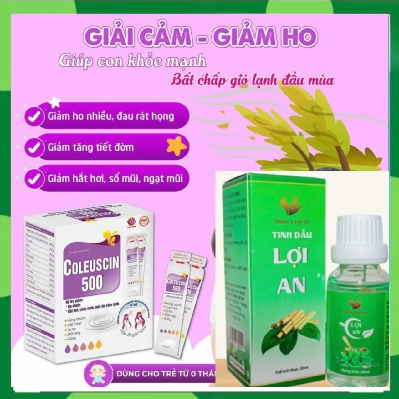 Combo Siro ho cảm CoLeuscin kèm tinh dầu Lợi An