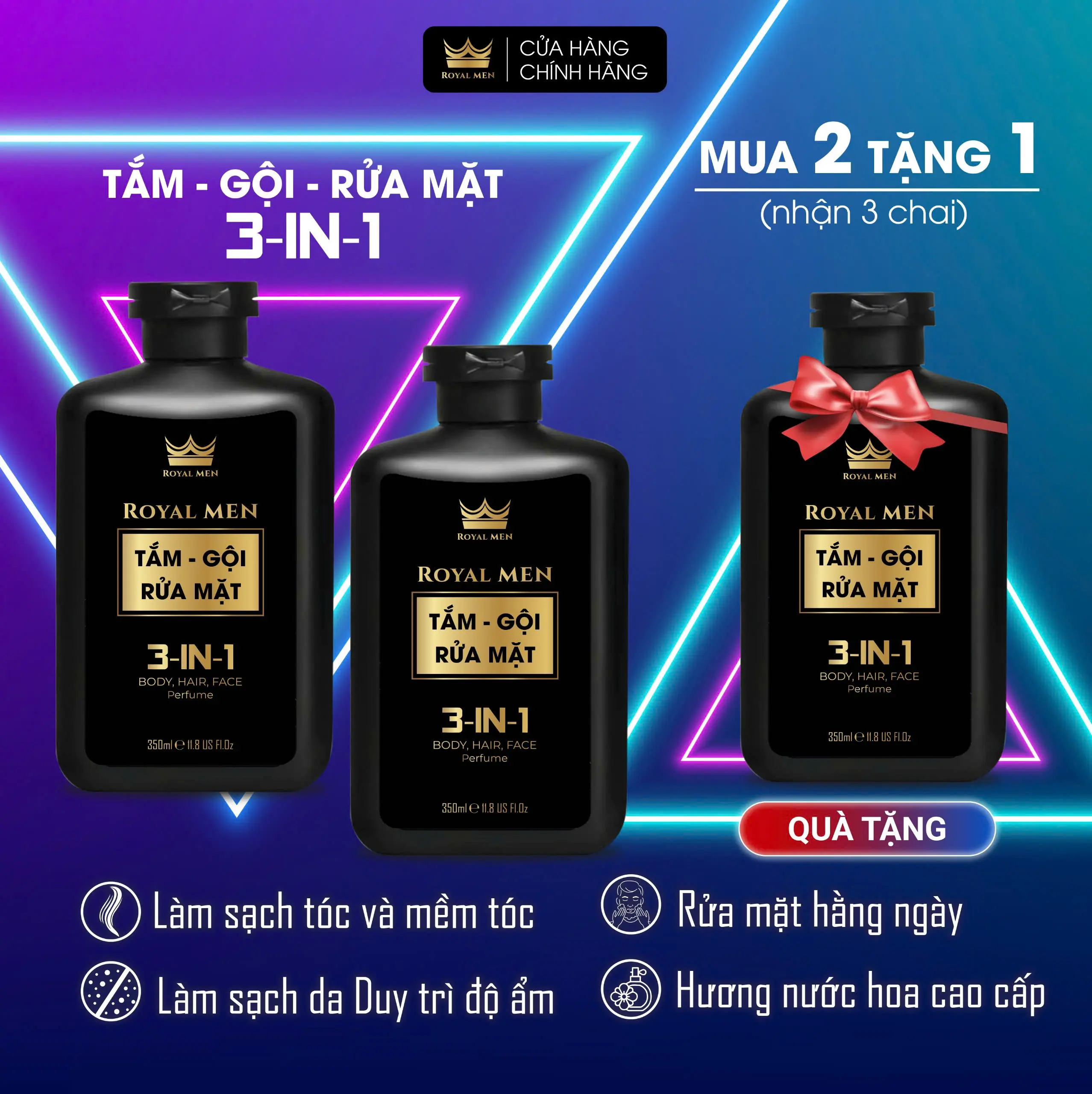 (MUA 2 TẶNG 1 TỔNG NHẬN 3 CHAI )DẦU GỘI -  SỮA TẮM  HƯƠNG NƯỚC HOA CAO CẤP THƠM LÂU 3in1 ROYAL MEN 350ml luxury sữa  tắm  cho  nam gel salicylic acid đồ tắm & chăm sóc cơ thể  sữa  tắm  nam Lăn Khử