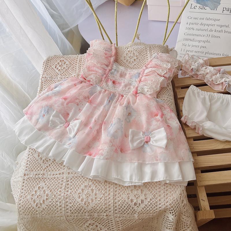 M29-Set Váy Lolita Hồng cho bé gái Sơ sinh từ 3-12kg chất tơ mềm