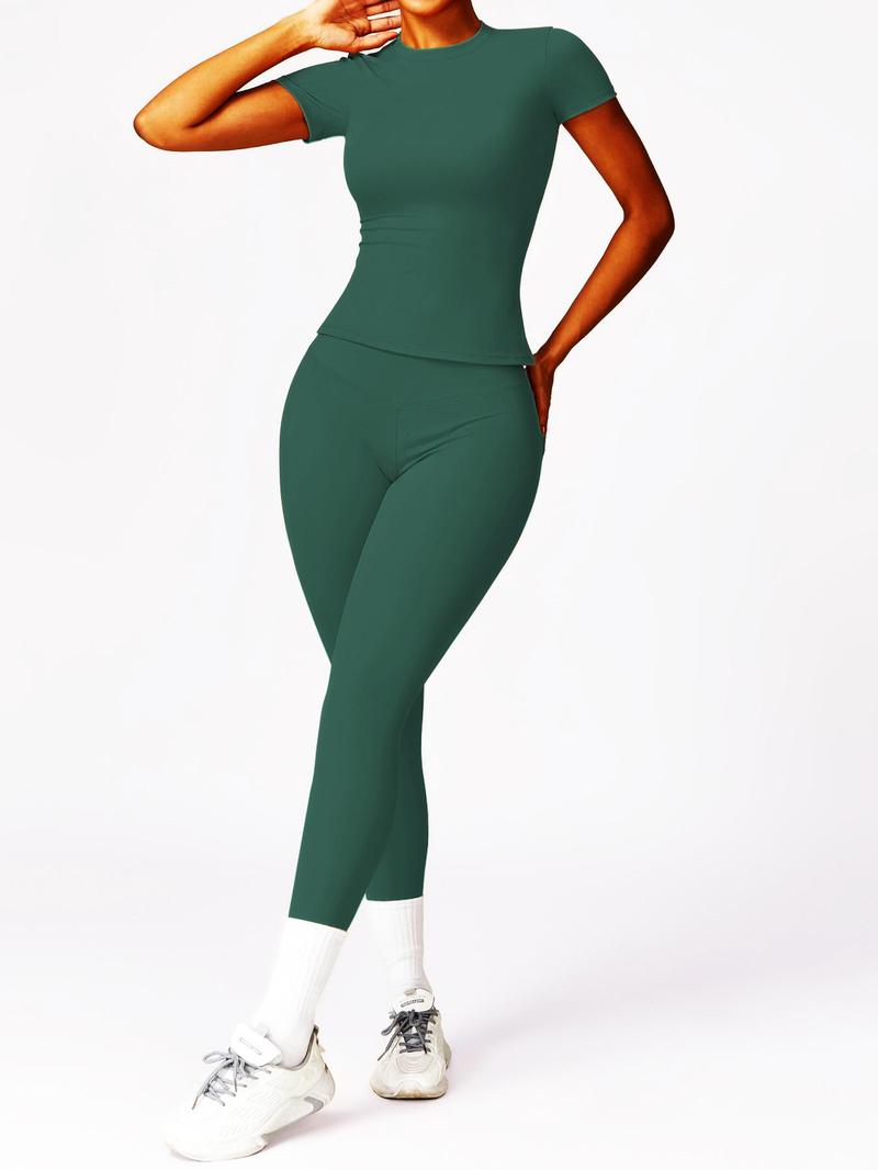 Product Introduction of Women's Solid Round Neck Tee & Leggings Tracksuit Set, Sporty Comfy Breathable Sportswear Set for Gym Workout Running, Ladies Sportswear for All Seasons, Activewear 5