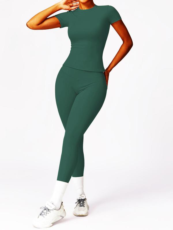 Women's Solid Round Neck Tee & Leggings Tracksuit Set, Sporty Comfy Breathable Sportswear Set for Gym Workout Running, Ladies Sportswear for All Seasons, Activewear 4