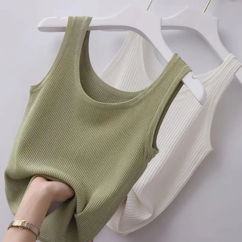Summer Knit Vest Top Sexy Sleeveless O Neck Women Camisole Pure Color Black White T-shirt Solid Color Plus Size Slim Tank Top Womenswear Loose Lingerie Comfort Casual Basic Minimalist