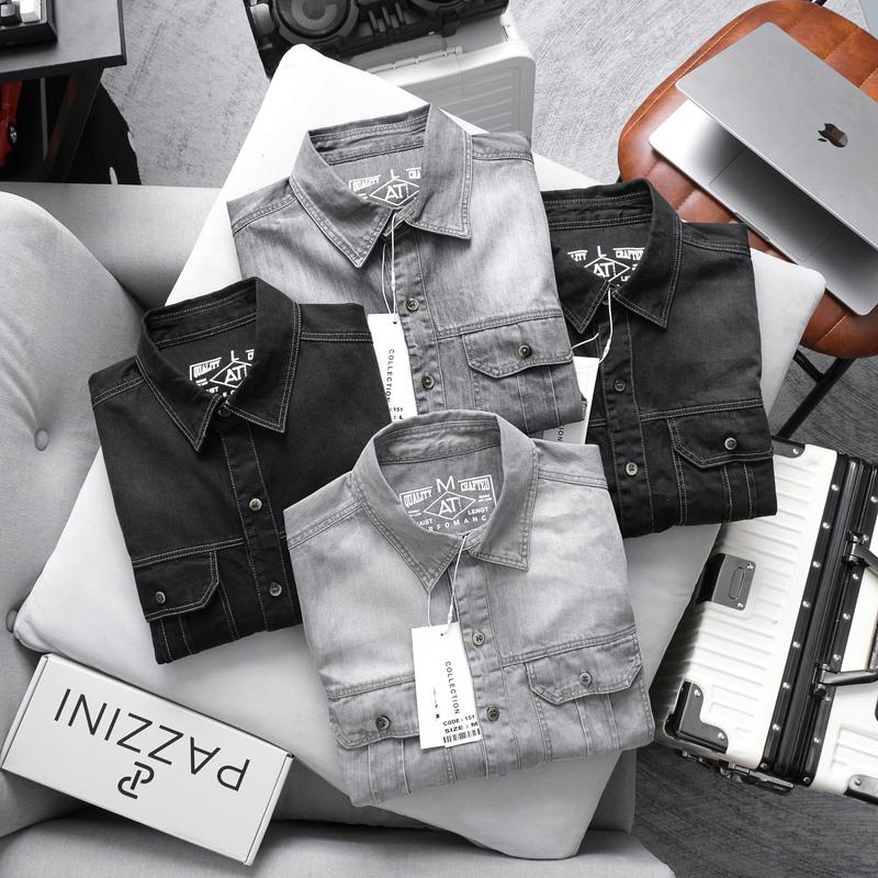 Áo Sơ Mi Jean Demin Nam Tay Ngắn Siêu Hot 2024 Áo Khoác Denim Menswear Có Túi Có Cổ