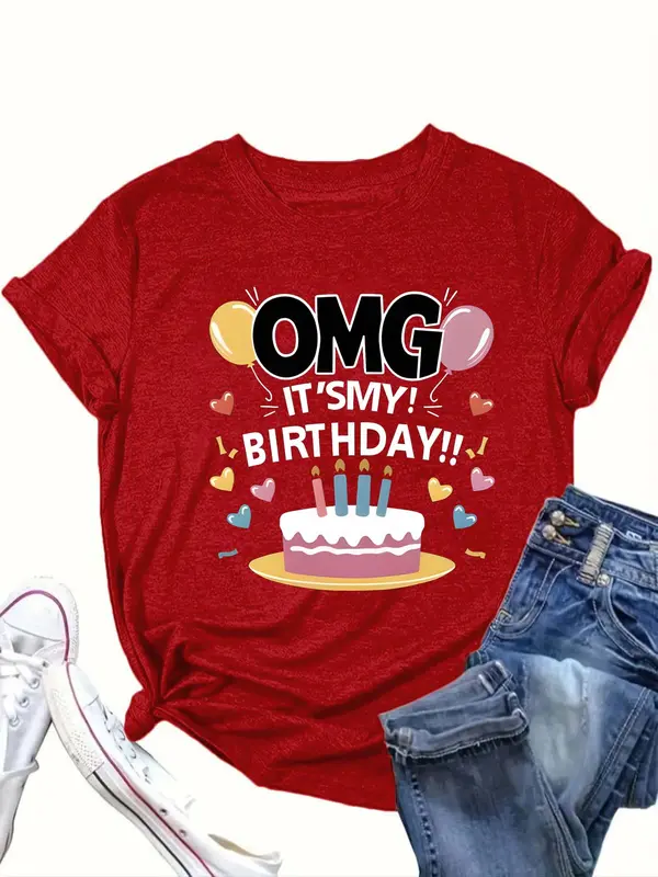 【Plus Size】 Cartoon Birthday Cake & Letter Print Round Neck Tee, Casual Short Sleeve T-shirt for Summer, Women's Clothing for Daily Wear 1