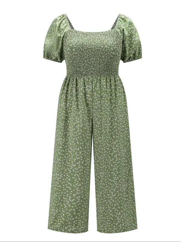 [Plus Size] Ditsy Floral Print Shirred Jumpsuit, Jumpsuits for Women, Boho Fashion Puff Sleeve Square Neck Jumpsuit for Daily Vacation Wear, Women Plus Clothing Overalls for Summer 0