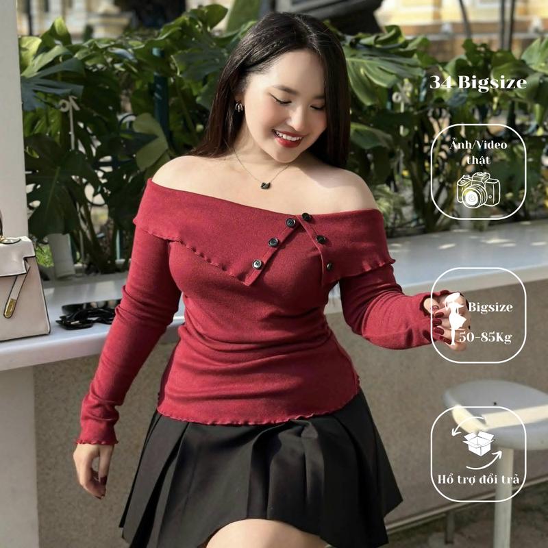Áo thun len dài 34AT046 34 Bigsize, áo thun trễ vai bigsize tay dài cho nữ phù hợp đi chơi đi dạo