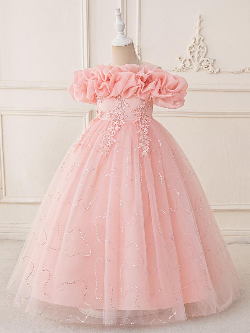 Product Introduction of Girl's Floral Embroidery Contrast Sequin Faux Pearls Zipper Back Fit and Flare Party Dress, Elegant Contrast Mesh Maxi Tutu Dress for Party Performance Wedding Guest, Kids Clothes for All Seasons 3