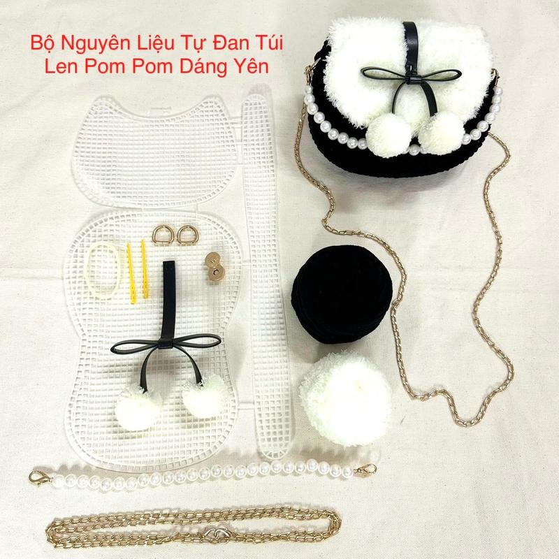 (Nơ Làm Sẵn)Bộ Nguyên Liệu Tự Đan Túi Handmade Len Pom Pom Dáng Yên [Có hướng dẫn chi tiết, shop hỗ trợ đến khi hoàn thành] Bag Đeo Vai, Đeo Chéo Nữ Len Diy sợi đan & móc