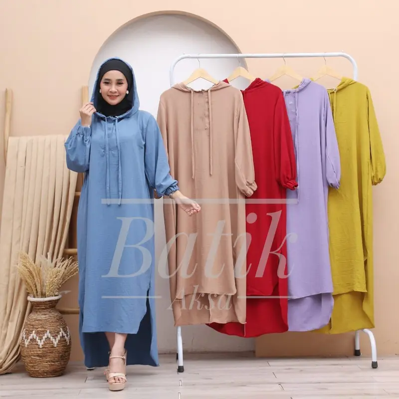 Yesha Seck Dress Hoodie Muslim Wanita Outfit Hijab Bahan Crinkle Airflow Resleting Busui By Batik Aksa Polos gamis 0