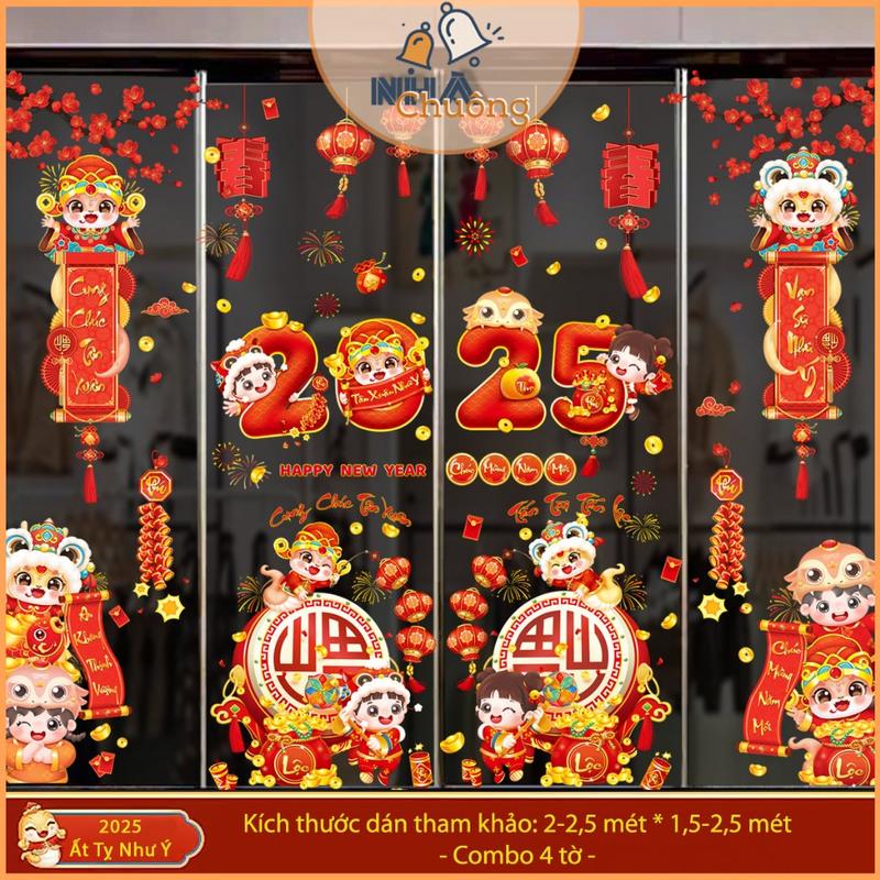 Decal Tết 2025, decal dán kính Tết Ất Tỵ in 2 mặt, decal trang trí năm mới Nhà Chuông