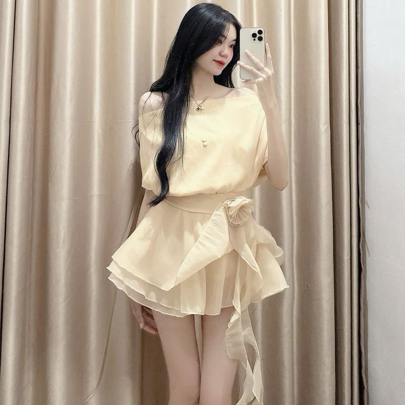 Jum váy nữ trễ vai  tiểu thư hở lưng  vải  voan tơ 2 lớp Đính hoa có quần bảo hộ liền - Nữ - Women