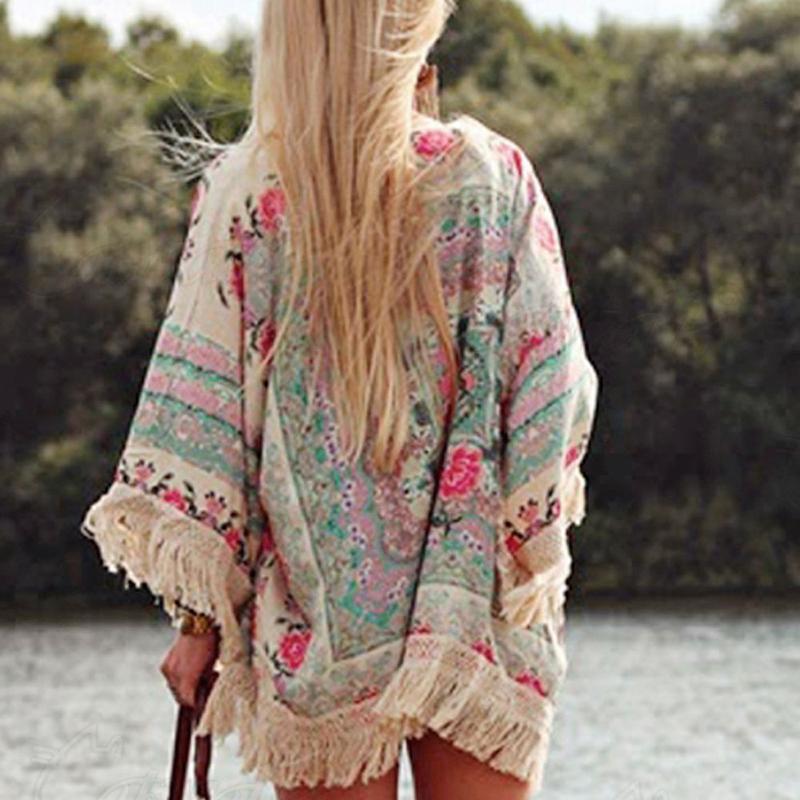 Women Bikini Cover Up, Floral Printed Bat Sleeve Cardigan Bikini Cover Up, Tassel Hem Loose Smock for Swimming Suits 1