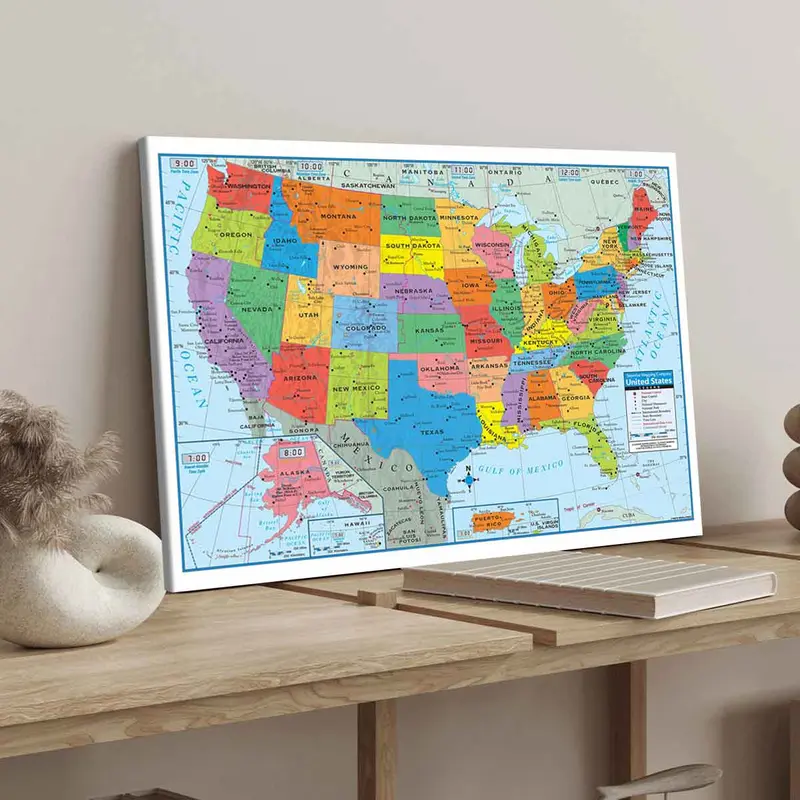 Wooden Framed Canvas Map Of The United States Poster, Modern Art Decoration, Pattern Wall Art Decor, Frame Painting for Living Room, Bedroom, Office, Restaurant Wall Decor 5