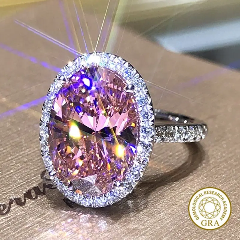 [Free GRA Certificate] Shining Pink Crystal 5 Karat Big Diamond Oval Moissanite 18K White Gold Ring