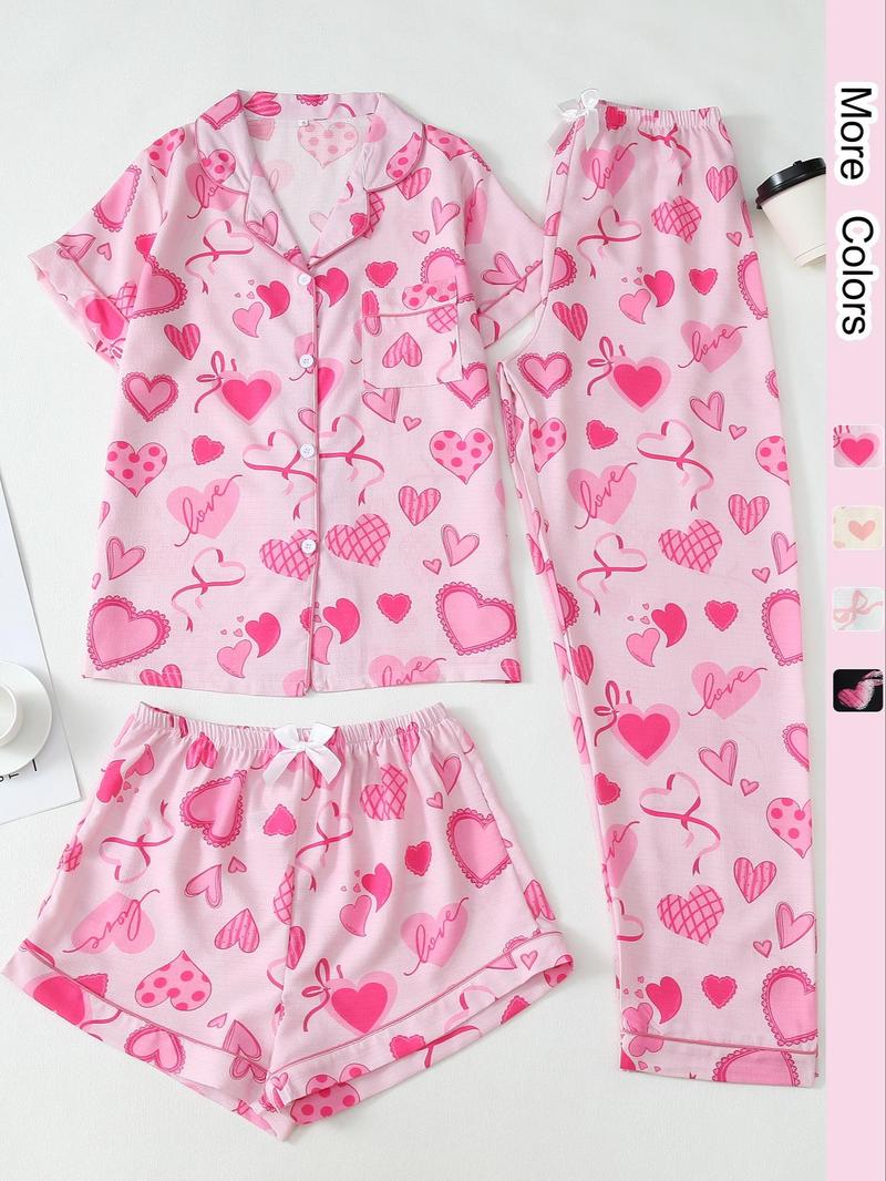 Product Introduction of Three-piece Set Women's Heart Print Top & Pants & Shorts Pyjama Set, Casual Comfy Round Neck Short Sleeve Top & Trousers & Shorts Pj Set, Ladies Sleepwear for All Seasons 1
