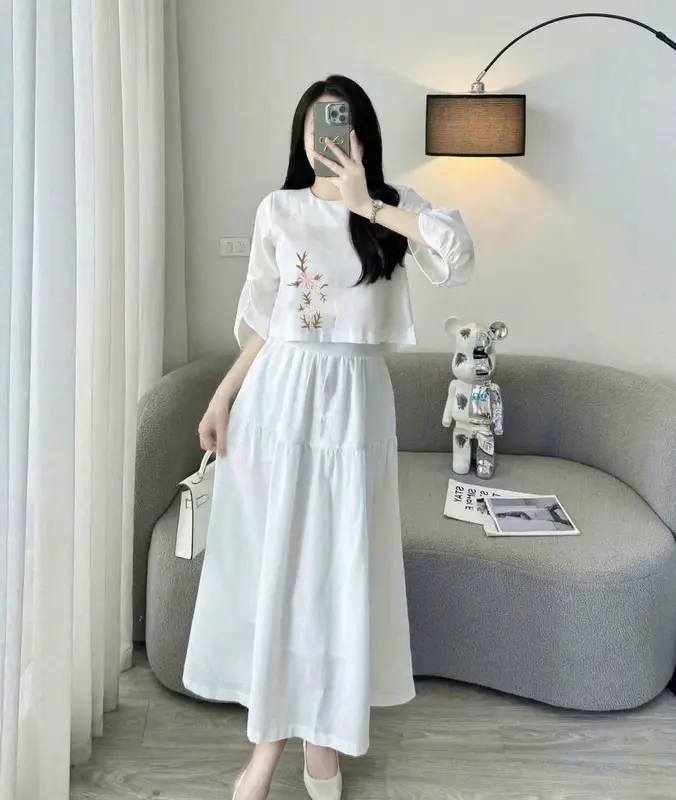 [Mia 10] Set áo chân váy thêu hoa tôn dáng đi biển siêu đep, chất liệu tơ thái mềm mịn, thoáng mát, đủ size từ  40 -85kg 3