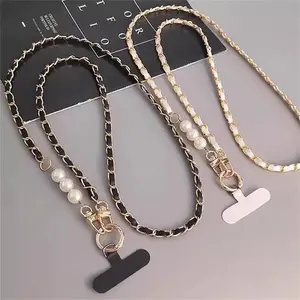 Tali Lanyard Selempang Hp Gantungan Hape Rantai Kulit Premium Hias Mutiara Mewah Cantik Banyak Warna Fashion Korea