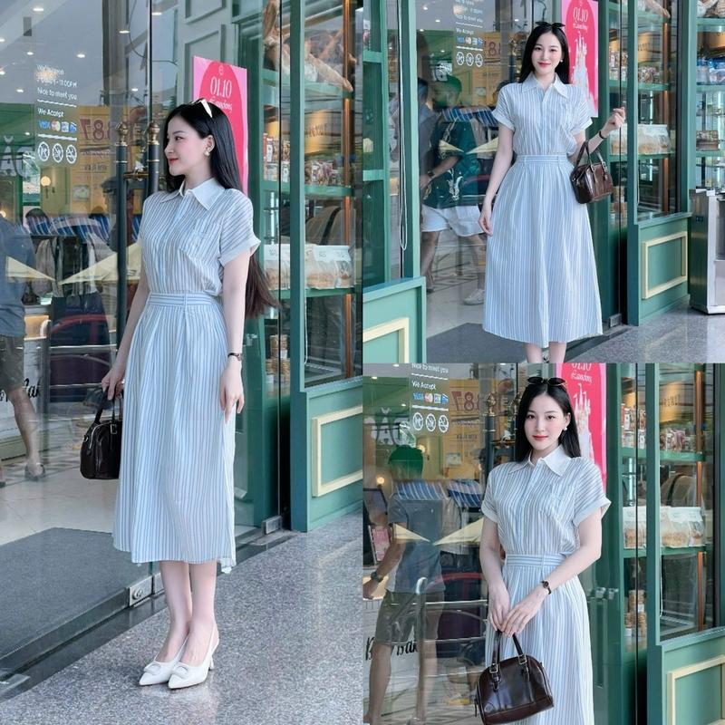 [S19] Set Áo Kẻ Kèm Chân Váy ( 2 Lớp) Không Kèm Đai   Nữ Women Kem Nhung