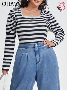 CURVZY Plus Size Striped Print Square Neck Tee, Casual Long Sleeve T-shirt for Spring & Fall, Women's Clothing for Daily Wear
