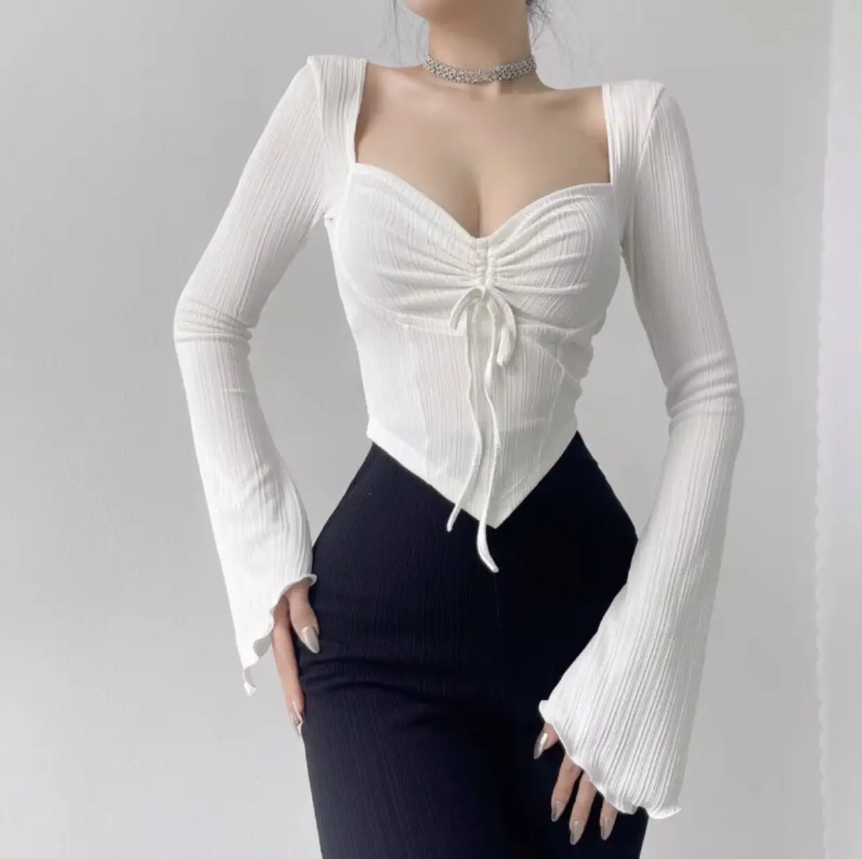 Áo thun tay dài loe dây rút, áo kiểu ôm body (A5) Top Nữ Top Nữ Tay Loe