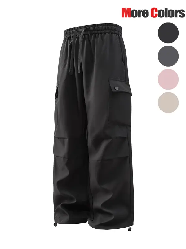 Men's Solid Color Flap Pocket & Slant Pocket Design Drawstring Waist Cargo Pants, Loose Casual Comfortable Windproof Waterproof Wide Leg Trousers with Drawstring Hems for Outdoor Activities, Fashion Men's Bottoms for All Seasons 4